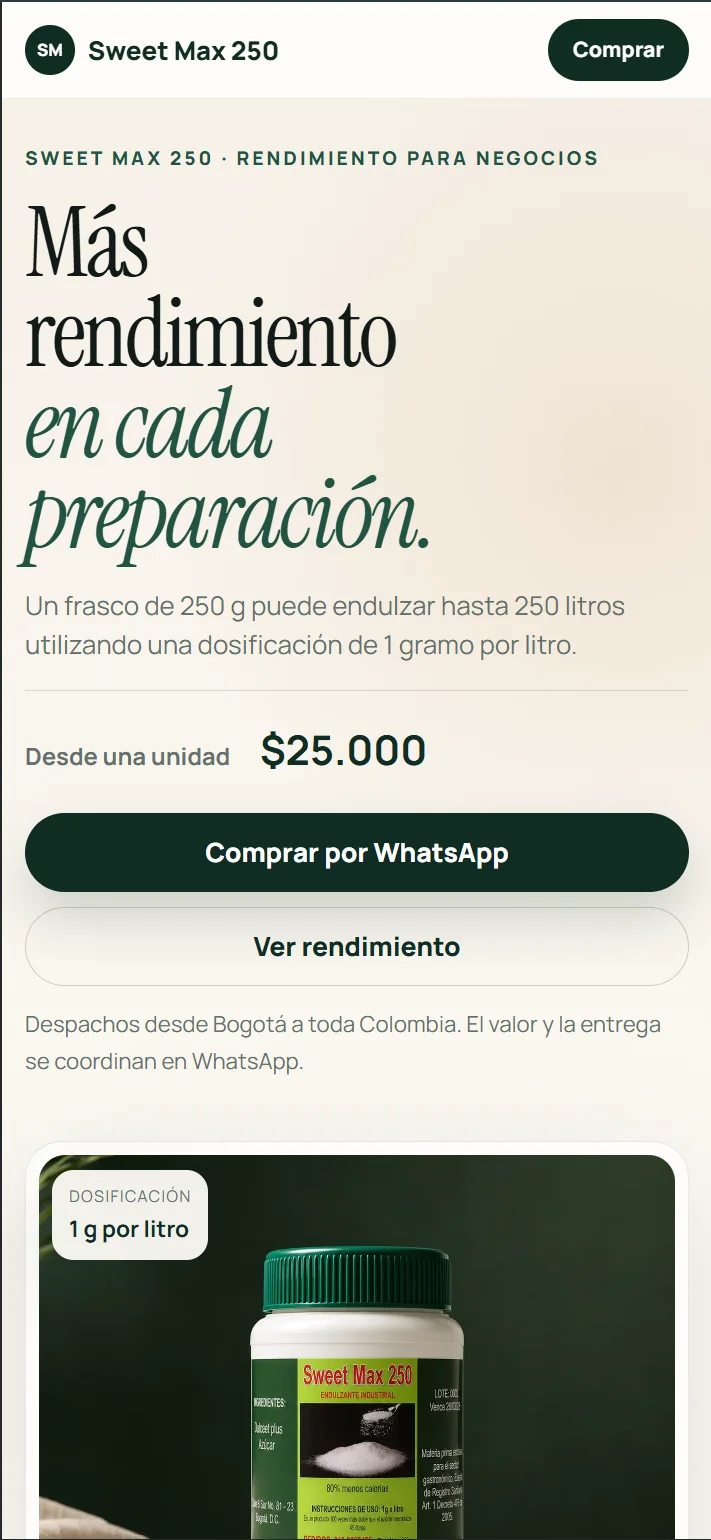 Captura real del sitio Sweet Max 250